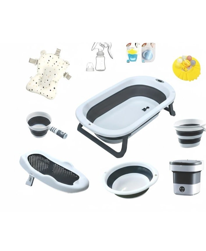 POPYPAPA 10-in-1 Foldable Baby Bath Tub Set with Temperature Display, Mini Washing Machine and Accessories, Safe and Comfortable Infant Bathing Solution, Space-Saving and Adjustable Design, Multicolour (Grey) - Image 1